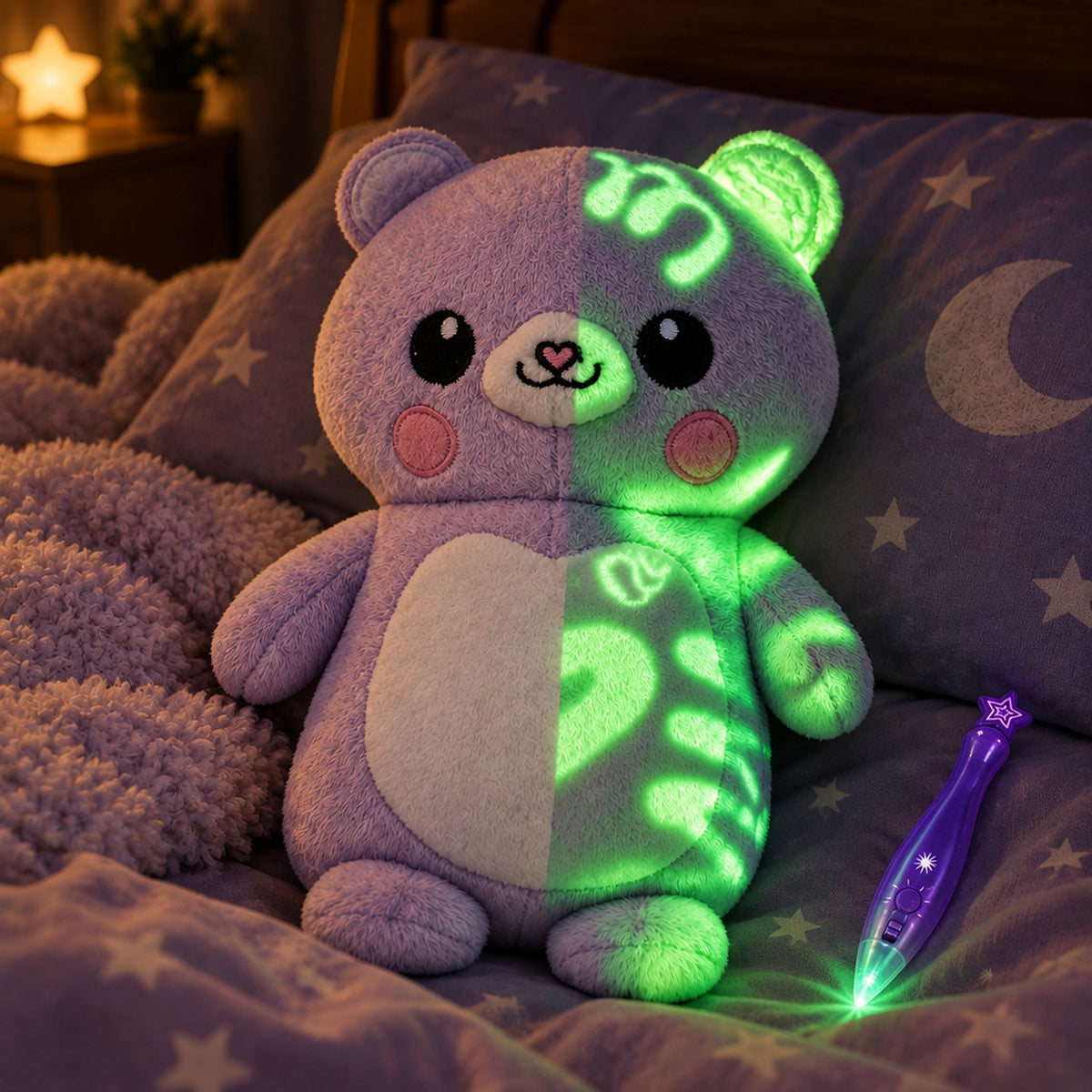 Peluche ourson violette phosphorescente sur un lit la nuit, dessins lumineux brillant dans le noir à côté du stylo lumineux