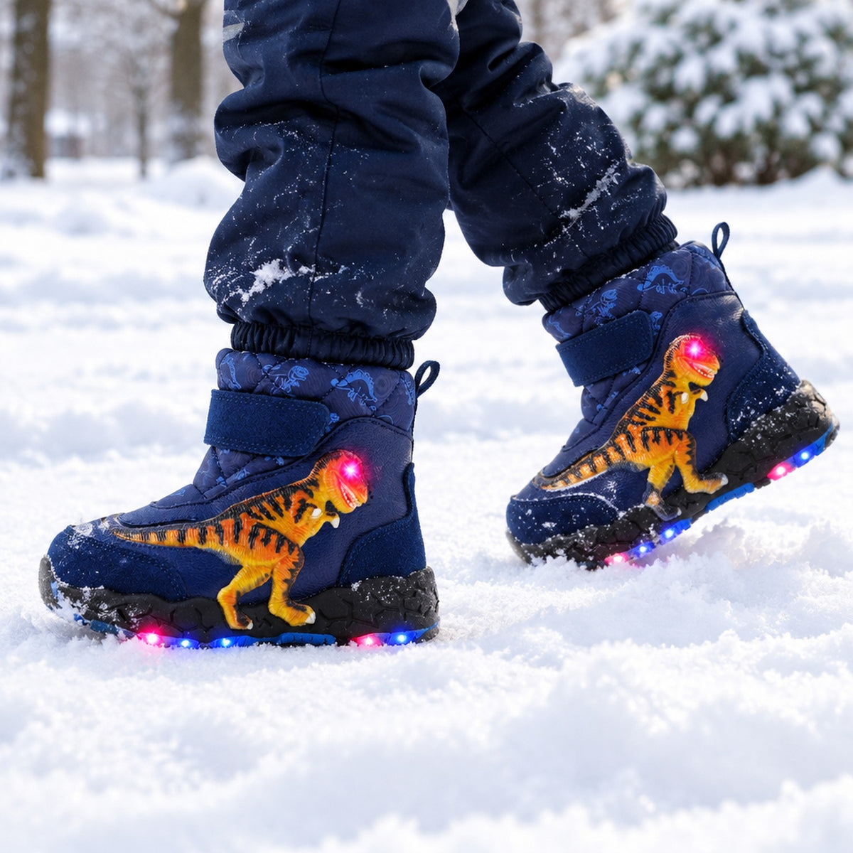 Enfant portant les bottes de neige lumineuses bleues motif dinosaure, LED allumées, en extérieur dans la neige