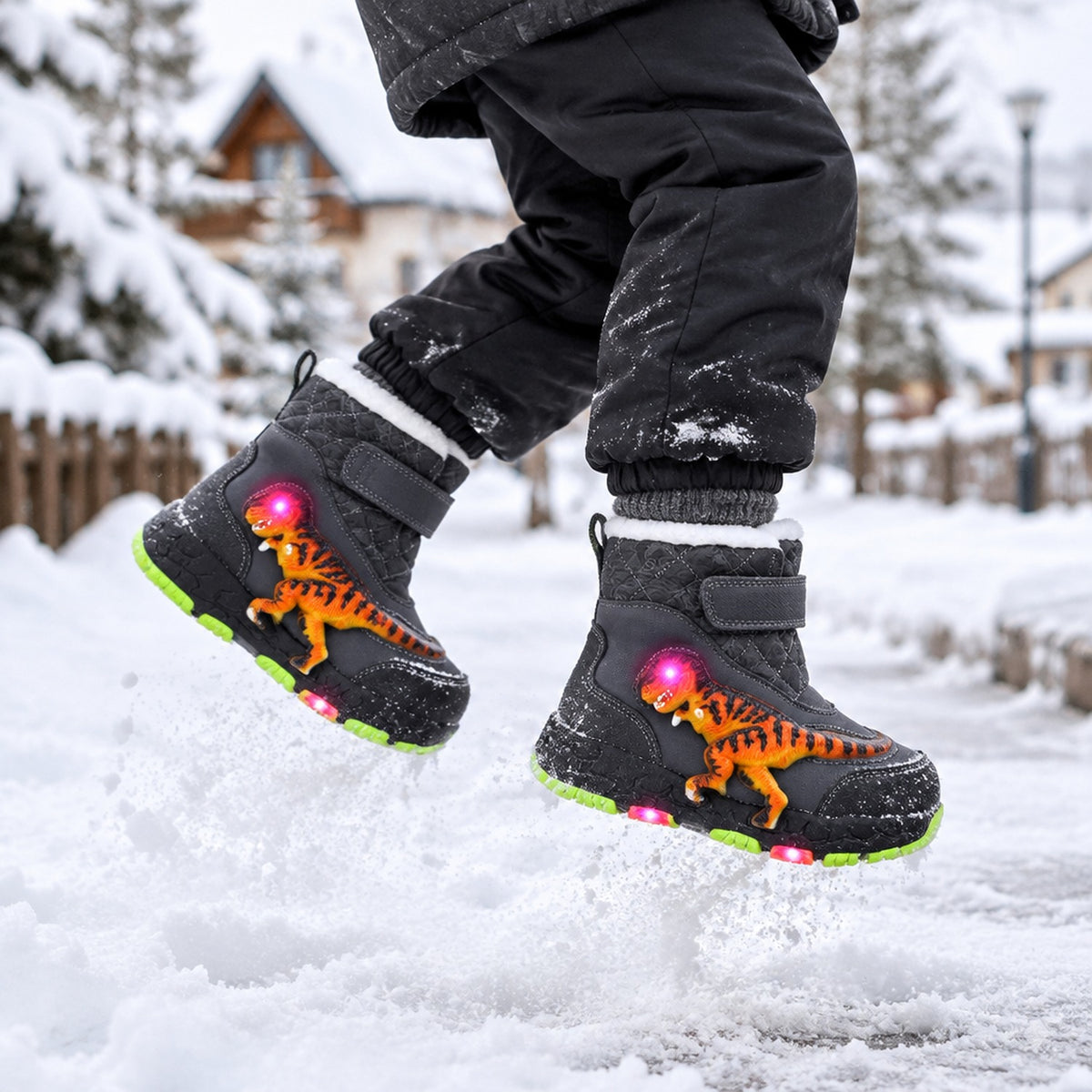 Enfant sautant dans la neige avec les bottes de neige lumineuses grises motif dinosaure, semelle LED allumée