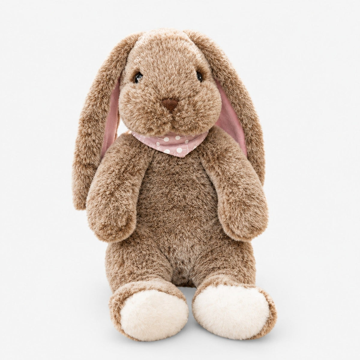 Peluche doudou lapin marron avec bandana à motifs roses, vue de face, taille 35cm