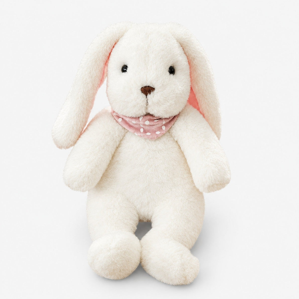 Peluche doudou lapin blanche avec bandana à motifs roses, vue de face, taille 35cm