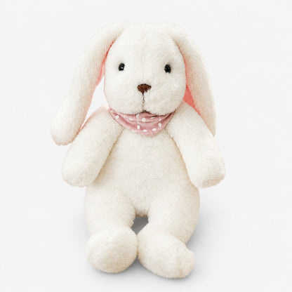 Peluche doudou lapin blanche avec bandana à motifs roses, vue de face, taille 35cm