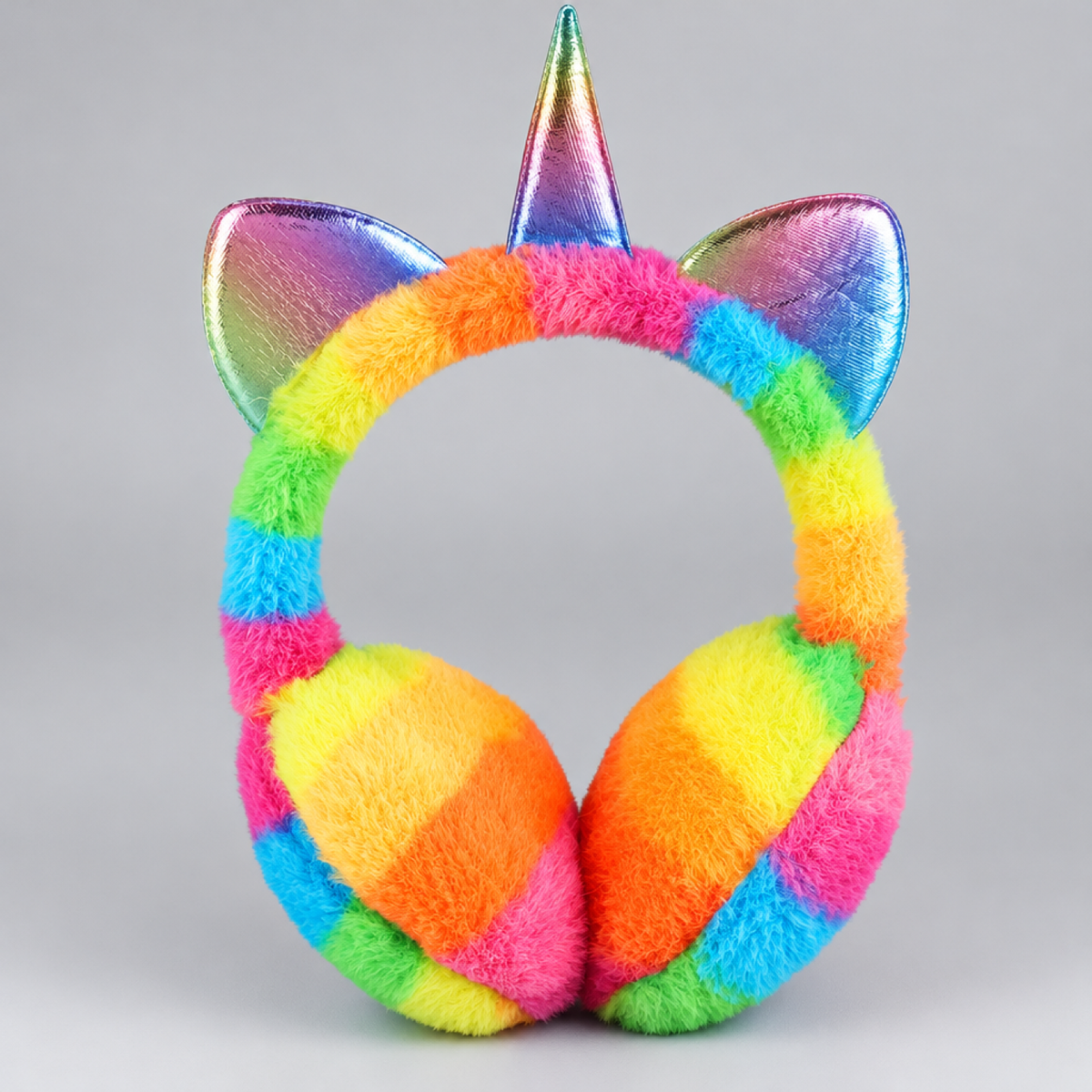Cache-oreilles licorne en peluche arc-en-ciel vif pour enfant, photo produit en studio