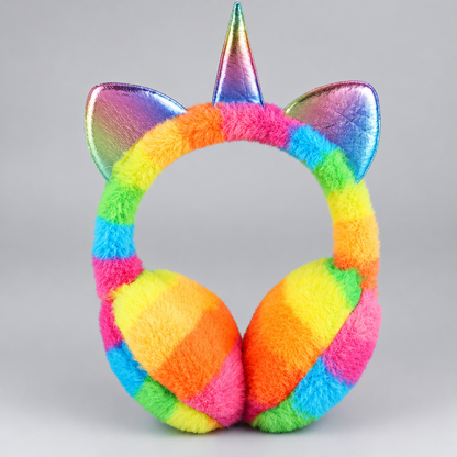 Cache-oreilles licorne en peluche arc-en-ciel vif pour enfant, photo produit en studio