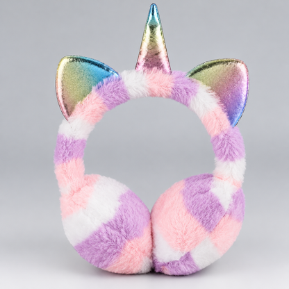 Cache-oreilles licorne en peluche à damier pastel rose et lilas pour enfant, photo produit en studio