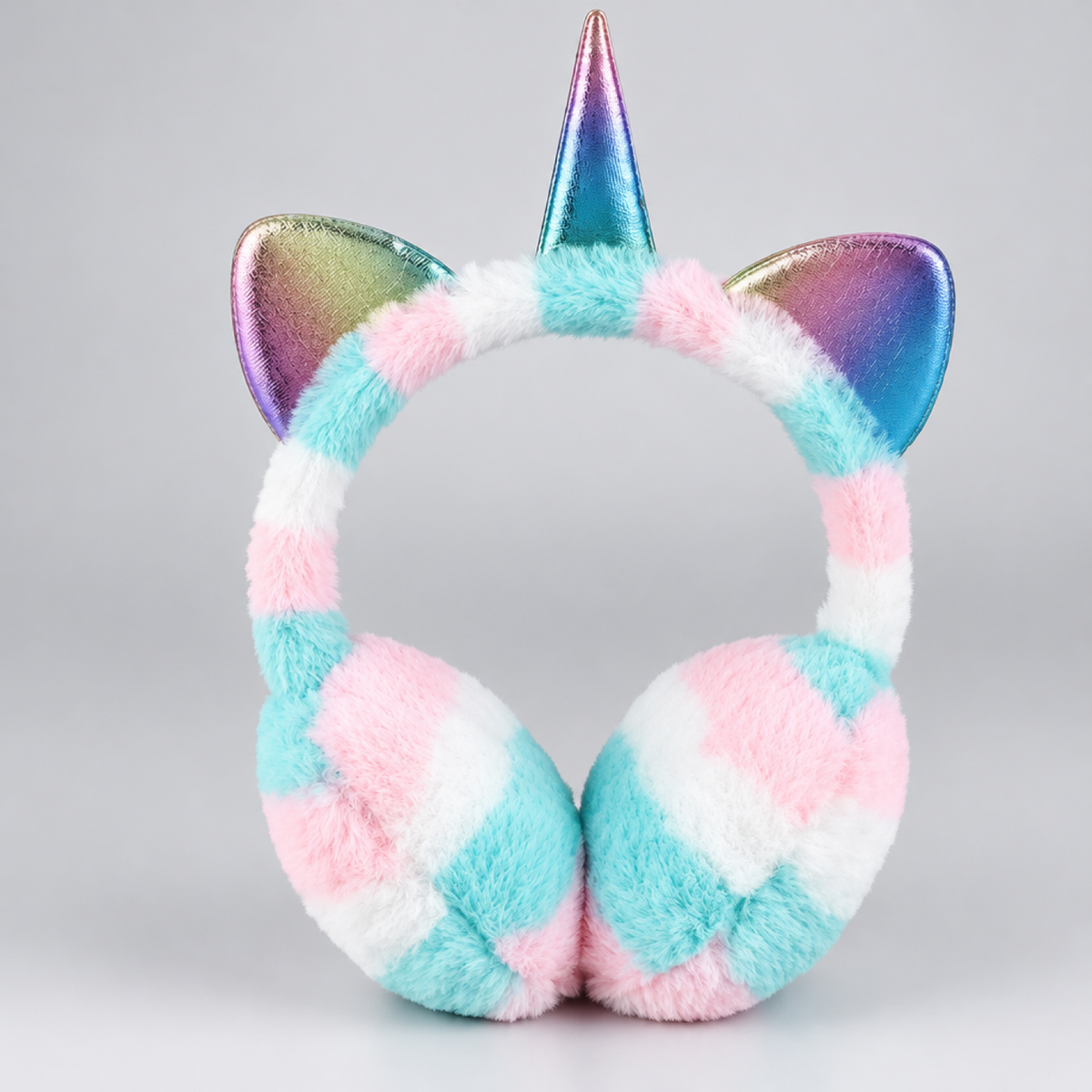 Cache-oreilles licorne en peluche à damier pastel menthe et rose pour enfant, photo produit en studio