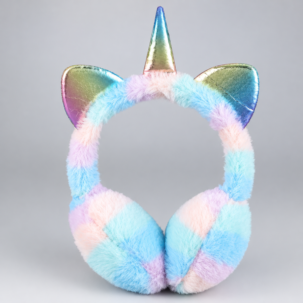 Cache-oreilles licorne en peluche motif tourbillon bleu, rose et blanc pastel pour enfant, photo produit en studio