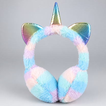 Cache-oreilles licorne en peluche motif tourbillon bleu, rose et blanc pastel pour enfant, photo produit en studio