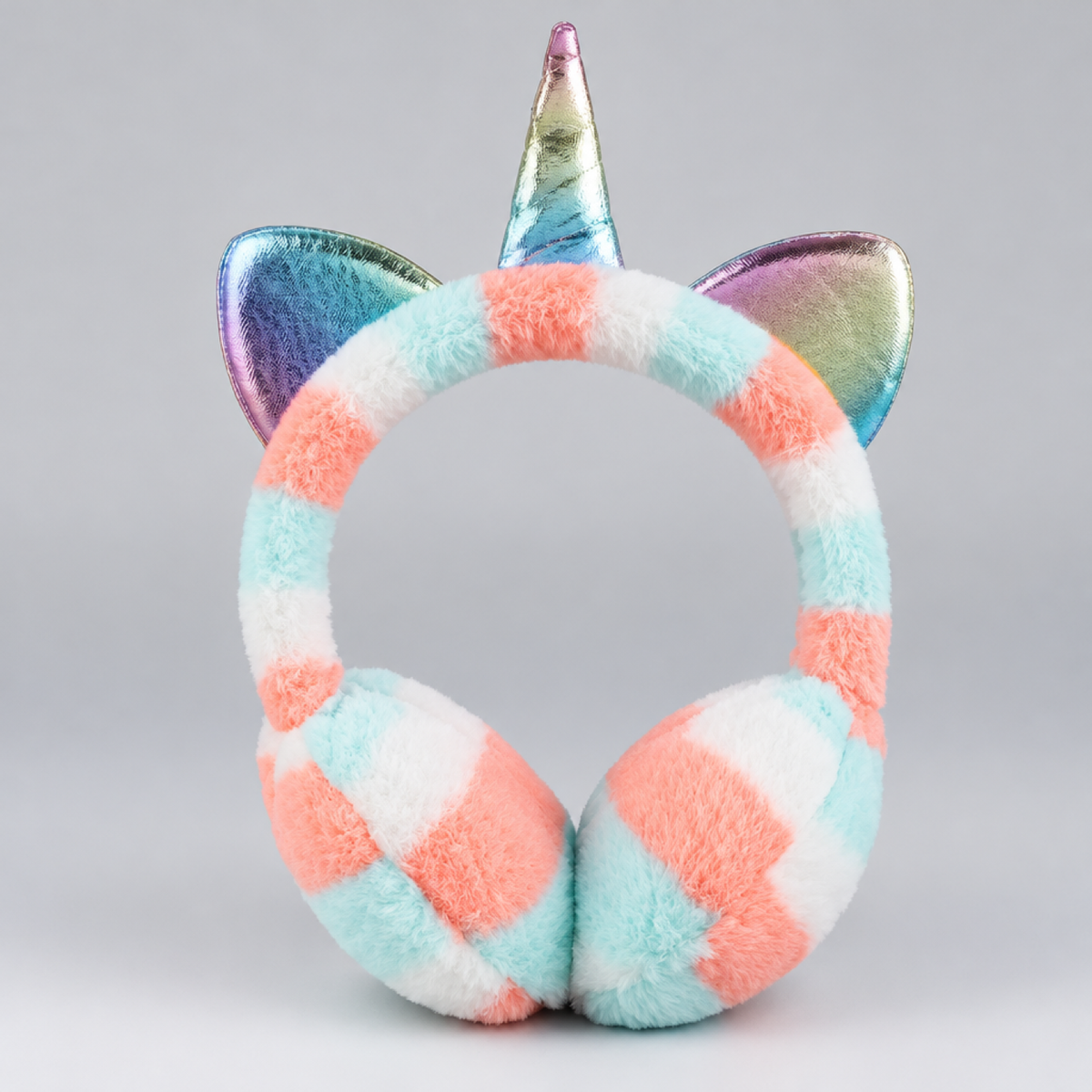 Cache-oreilles licorne en peluche à damier corail et menthe pour enfant, photo produit en studio