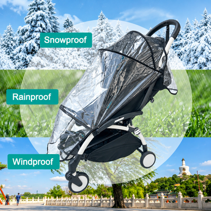 Illustration des protections offertes par la housse : neige, pluie et vent