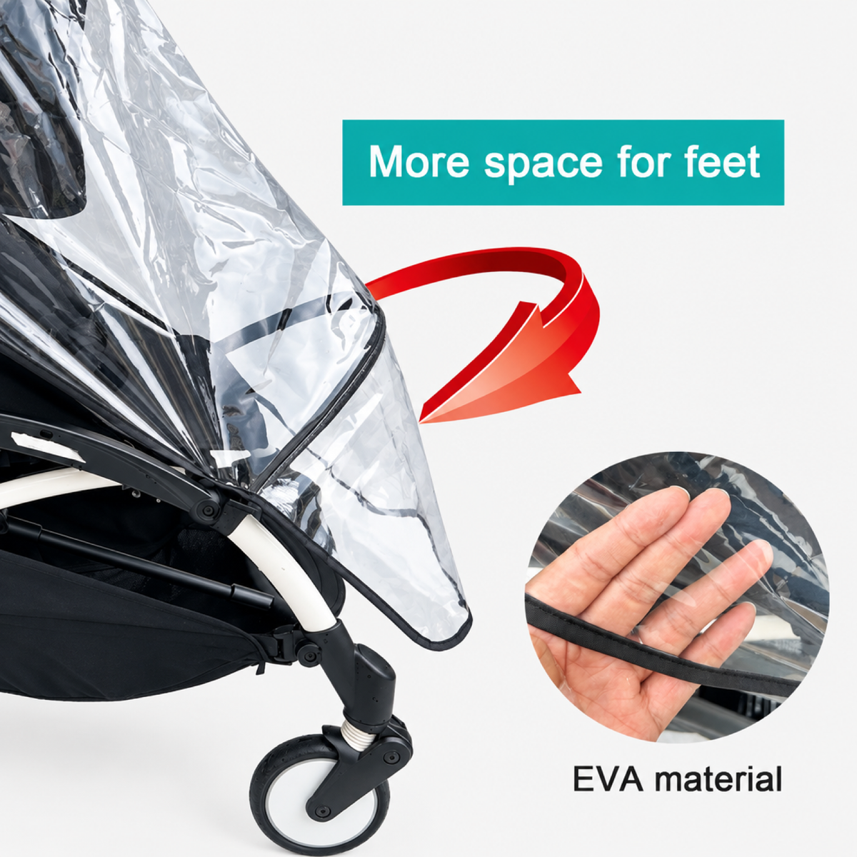 Détail de la matière EVA transparente et de la zone repose-pieds de la housse