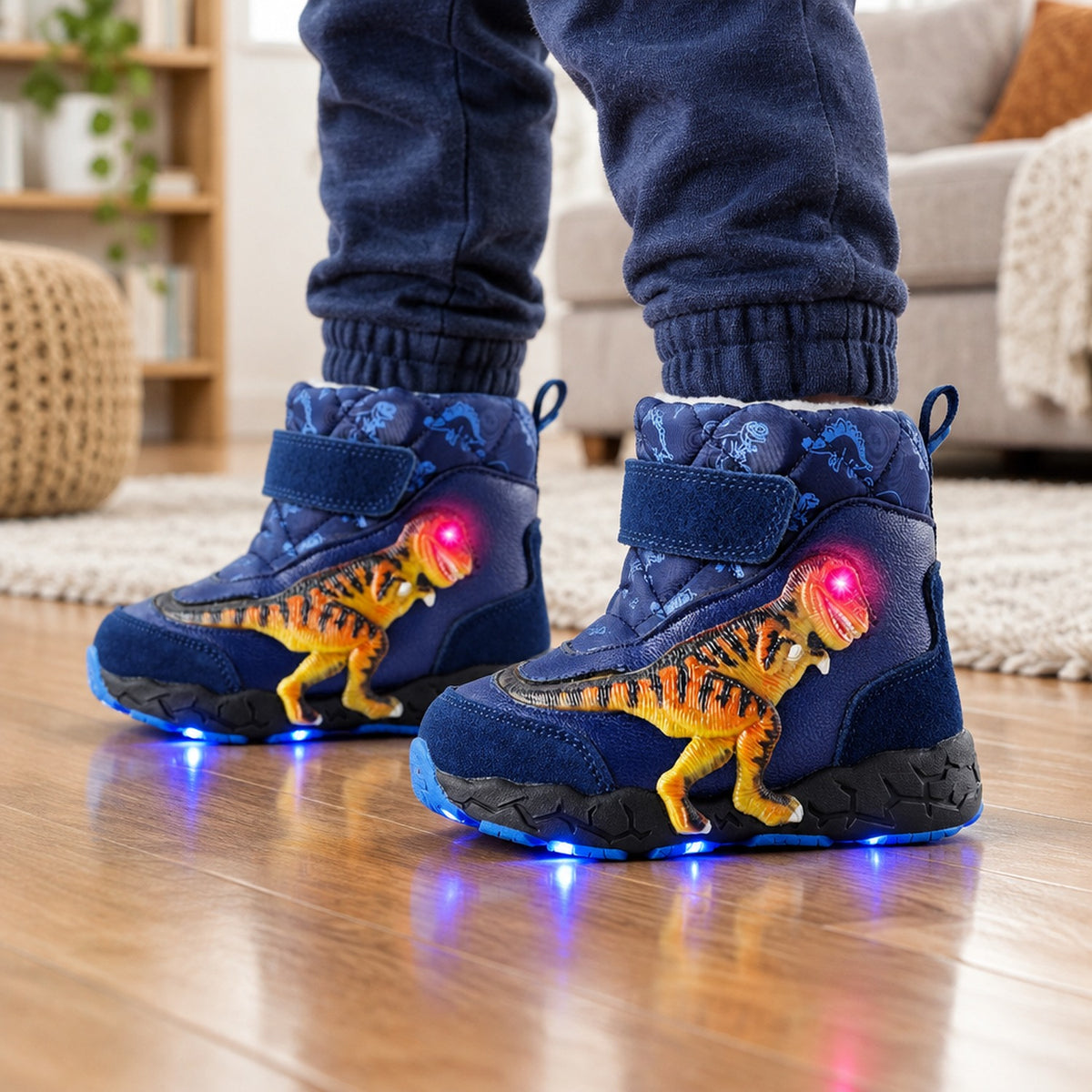 Enfant portant les bottes de neige lumineuses bleues motif dinosaure à l'intérieur, semelle LED allumée sur parquet
