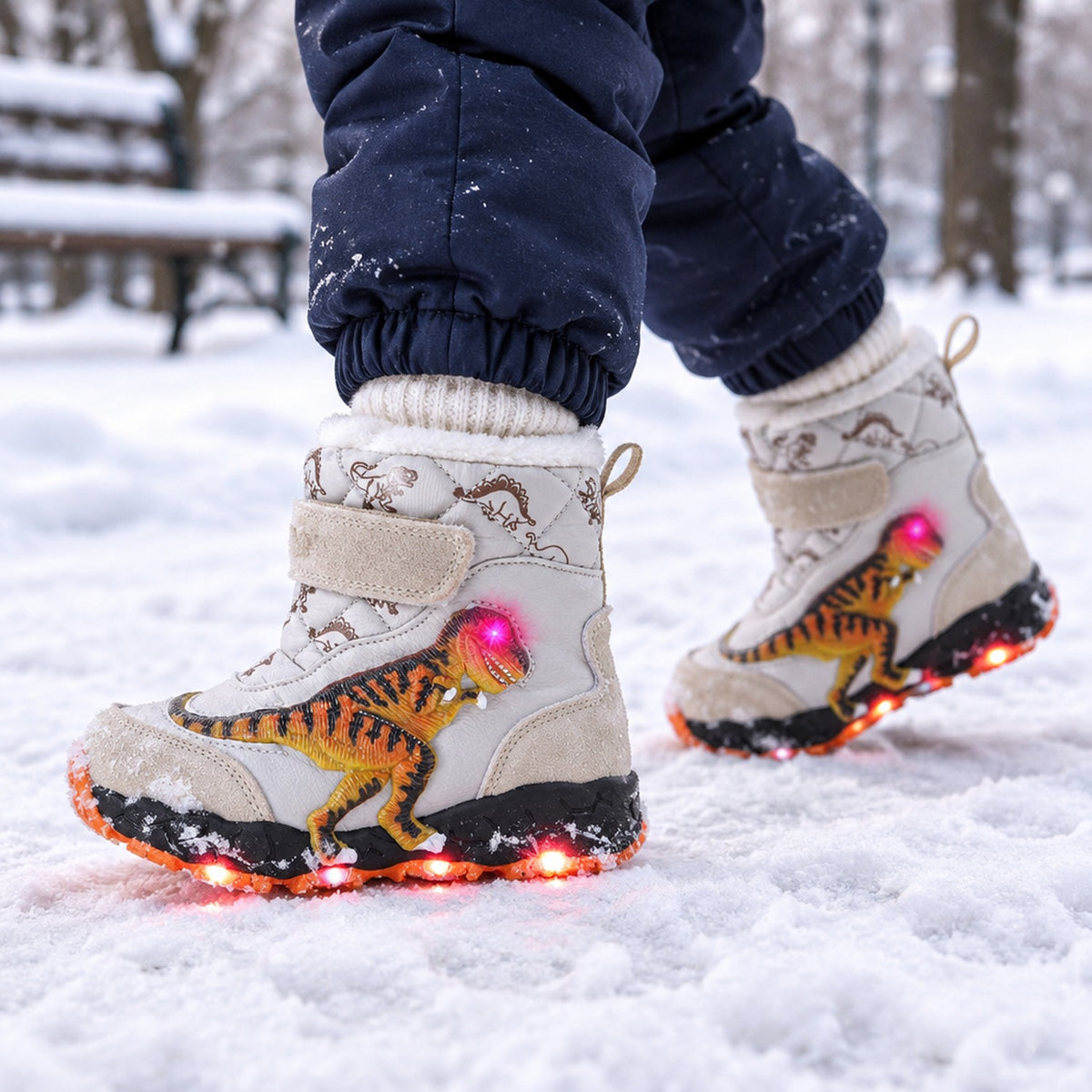 Enfant marchant dans la neige avec les bottes de neige lumineuses beiges motif dinosaure, LED allumées