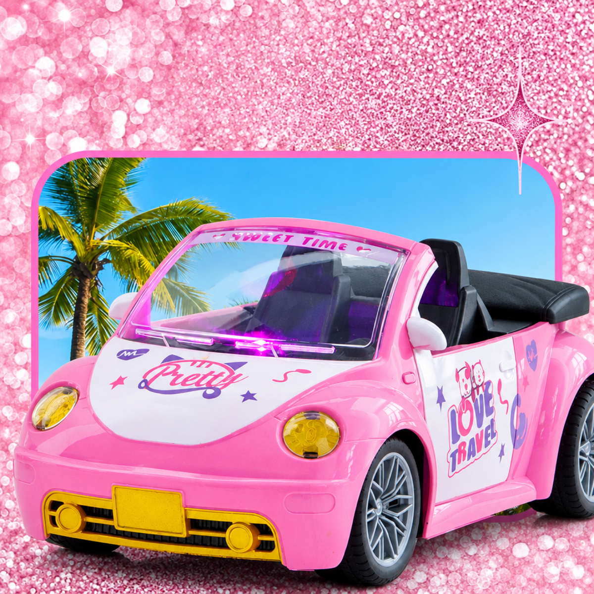 Gros plan du cabriolet rose style Coccinelle avec tableau de bord lumineux