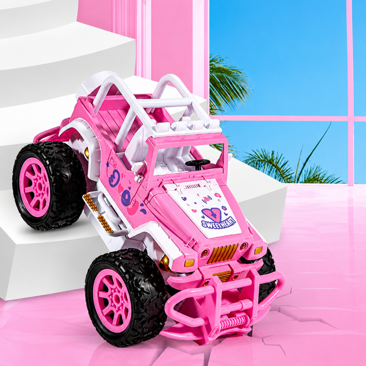 Camion monstre rose style Jeep avec cage de protection montant des escaliers sur ses pneus tout-terrain surdimensionnés