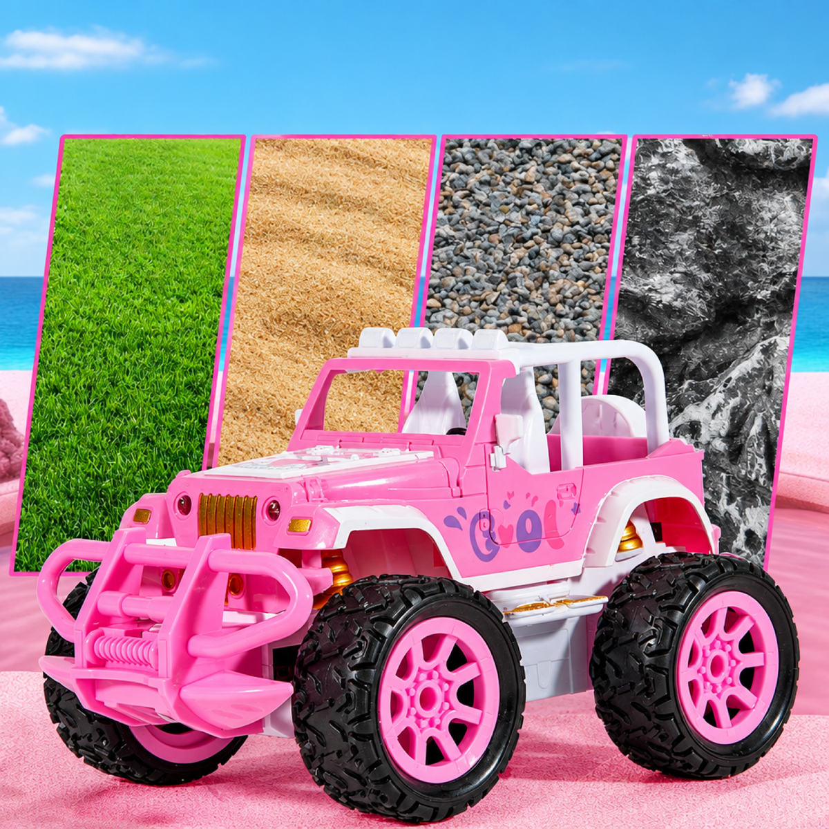 Camion monstre rose style Jeep roulant sur de l'herbe, du sable, du gravier et de la roche