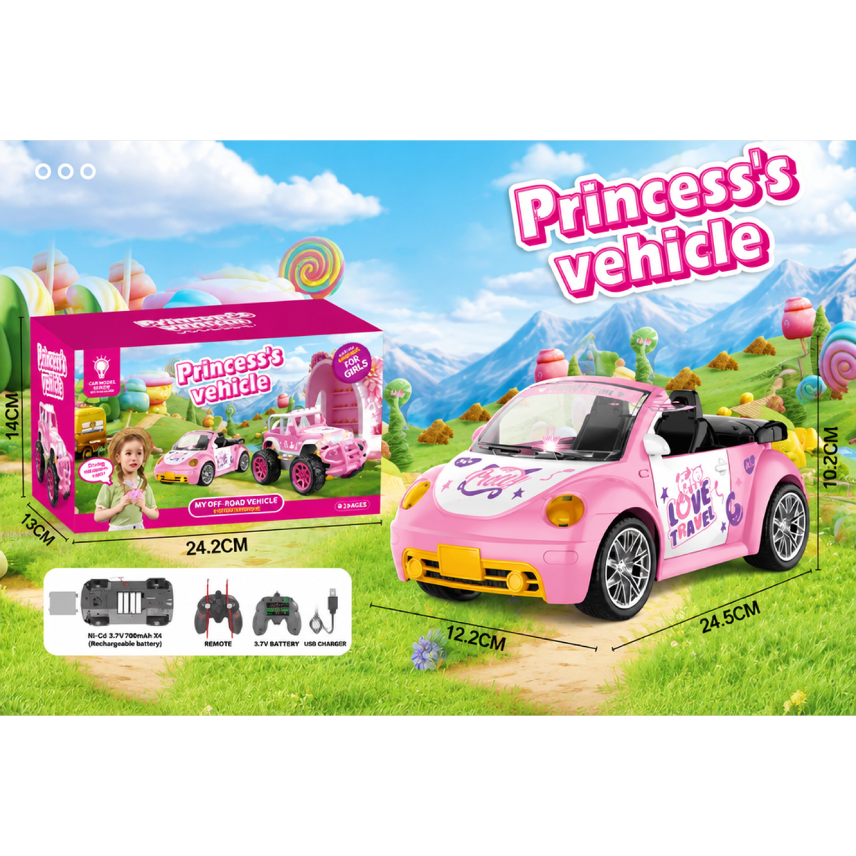 Emballage du véhicule cabriolet style Coccinelle avec dimensions et détails de la batterie rechargeable