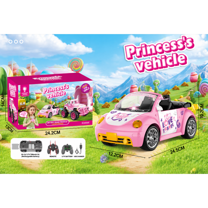Emballage du véhicule cabriolet style Coccinelle avec dimensions et détails de la batterie rechargeable