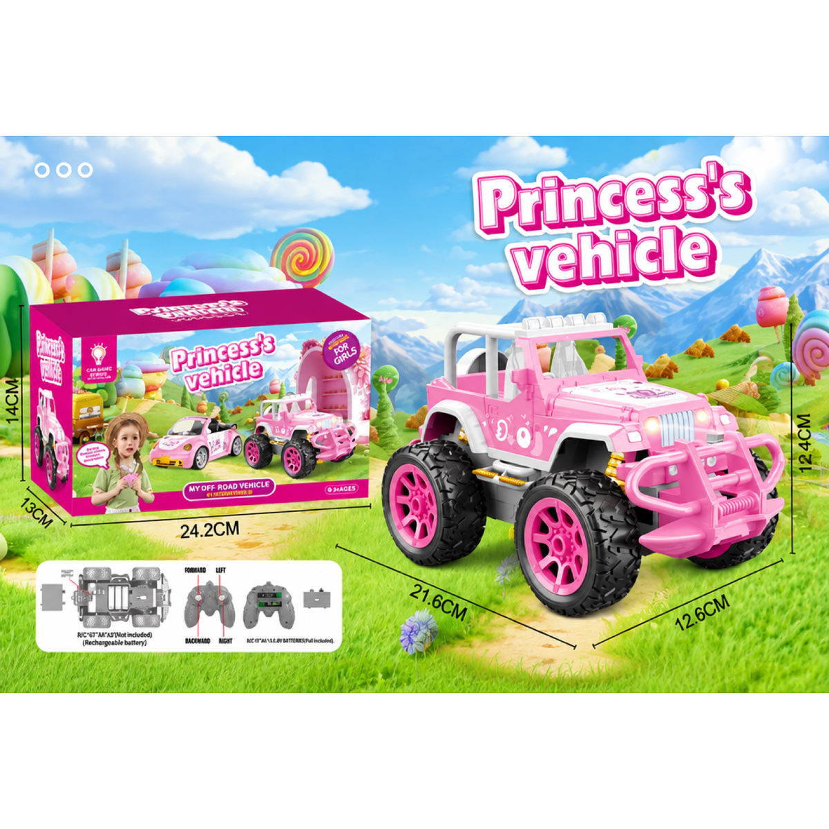 Emballage du camion tout-terrain style Jeep avec dimensions et détails de la batterie rechargeable