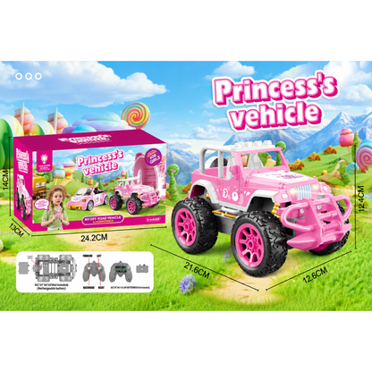 Emballage du camion tout-terrain style Jeep avec dimensions et détails de la batterie rechargeable