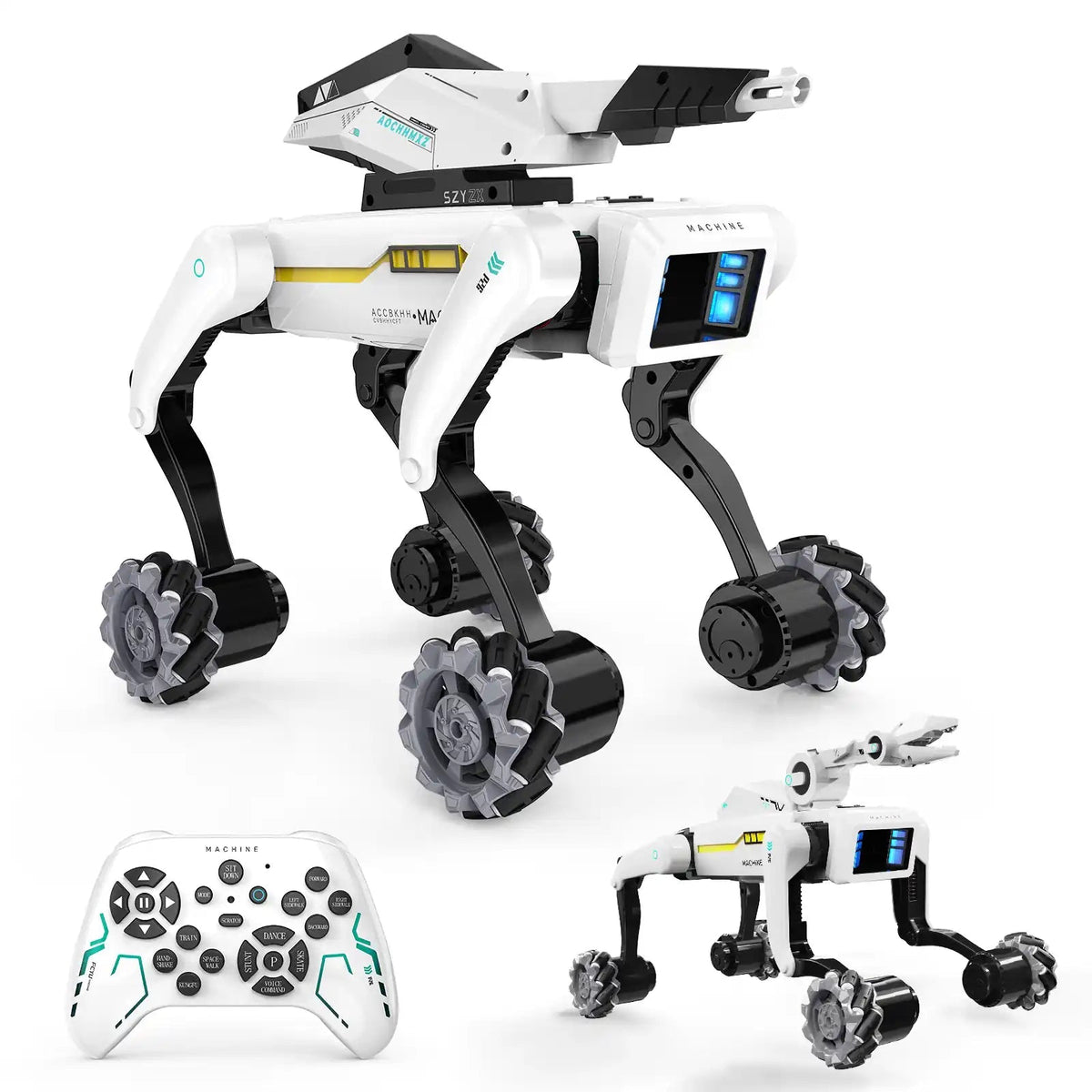 Robot chien télécommandé blanc avec accessoire lanceur et roues mecanum