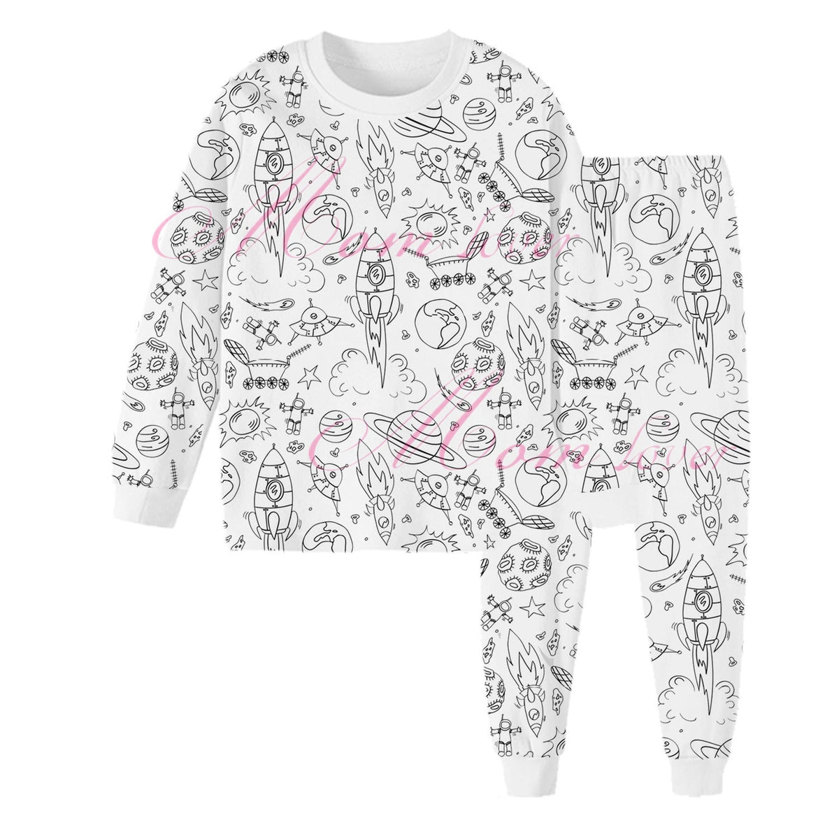Pyjama à colorier enfant avec motif vierge fusée et espace à personnaliser