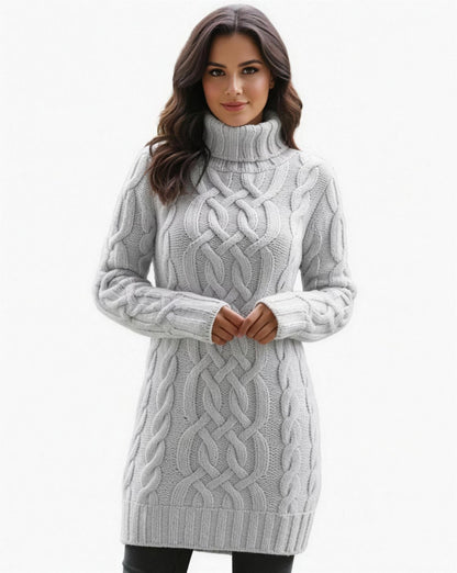 Robe pull col roulé femme tricot torsadé - gris clair