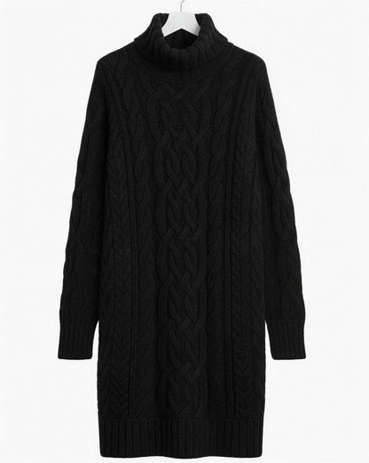 Robe pull col roulé femme tricot torsadé - noir