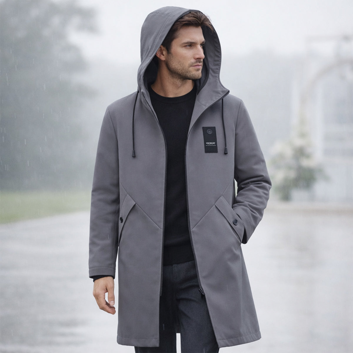 Veste imperméable longue à capuche homme, coloris gris