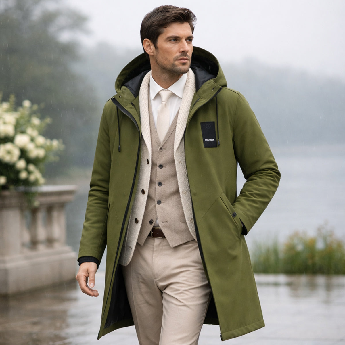 Veste imperméable longue à capuche homme, coloris vert