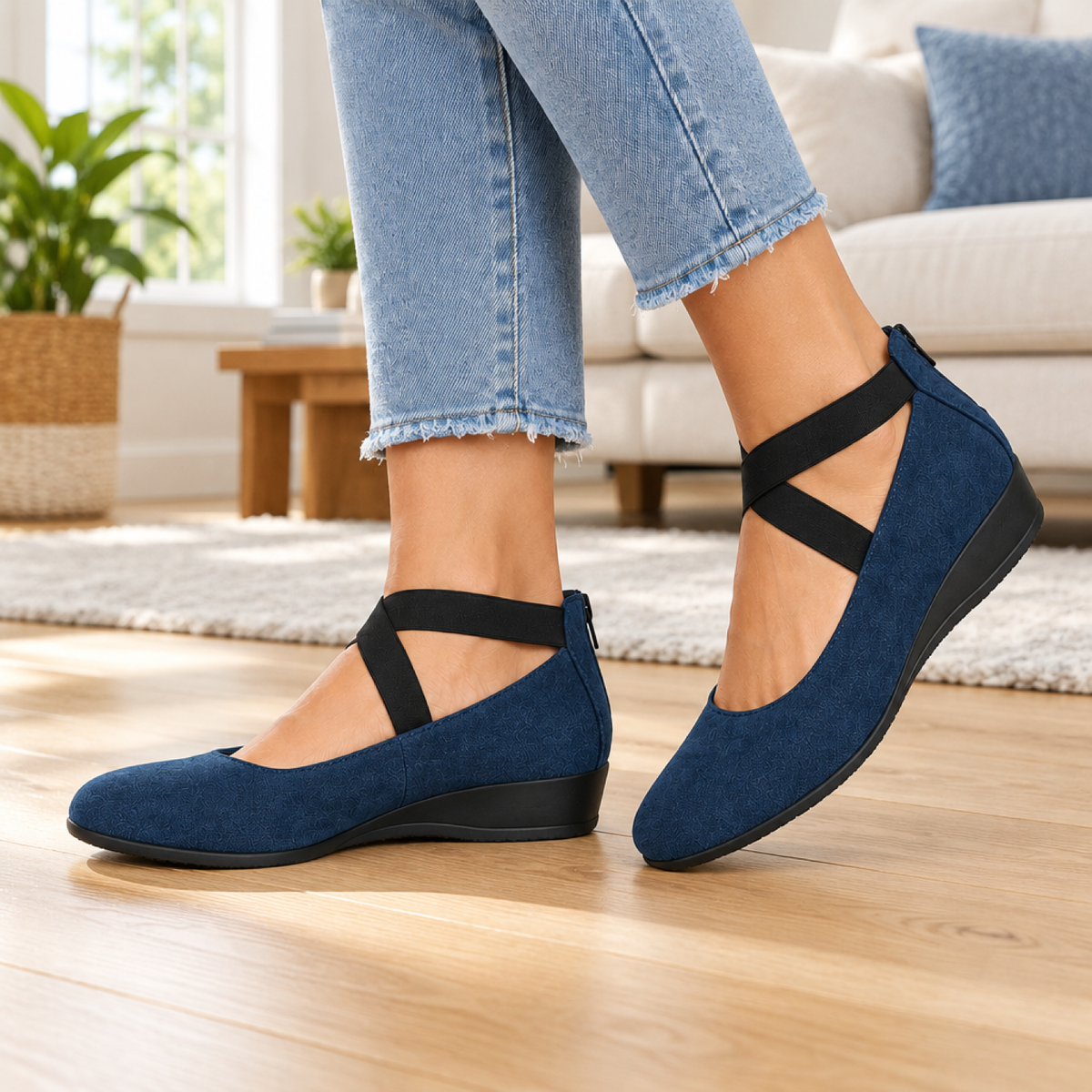 Sandales orthopédiques bleues portées par une femme, intérieur, vue sur les pieds