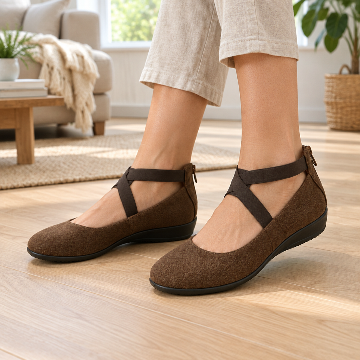 Sandales orthopédiques marron portées par une femme, intérieur, vue sur les pieds
