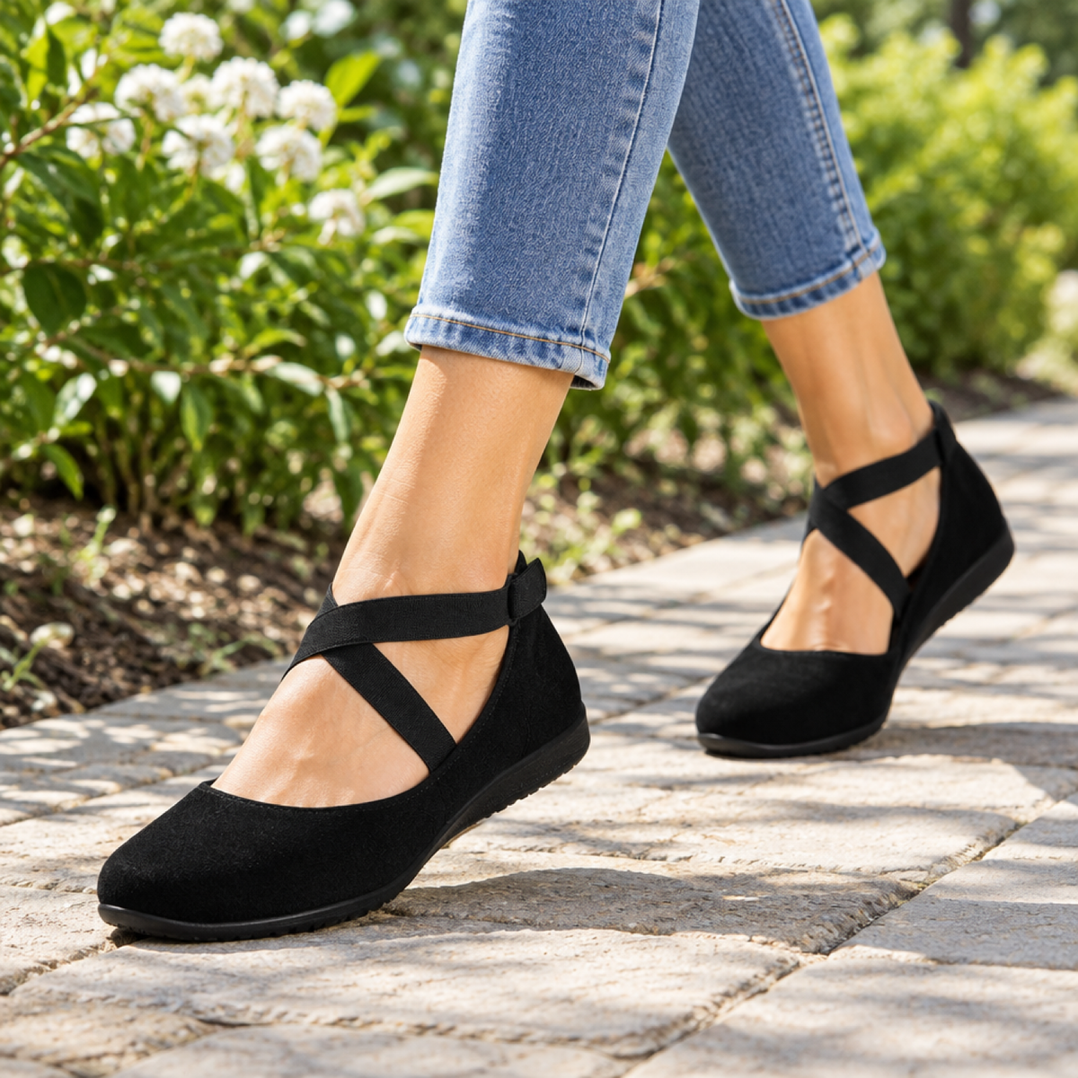 Sandales orthopédiques noires portées par une femme, extérieur, marche sur chemin pavé