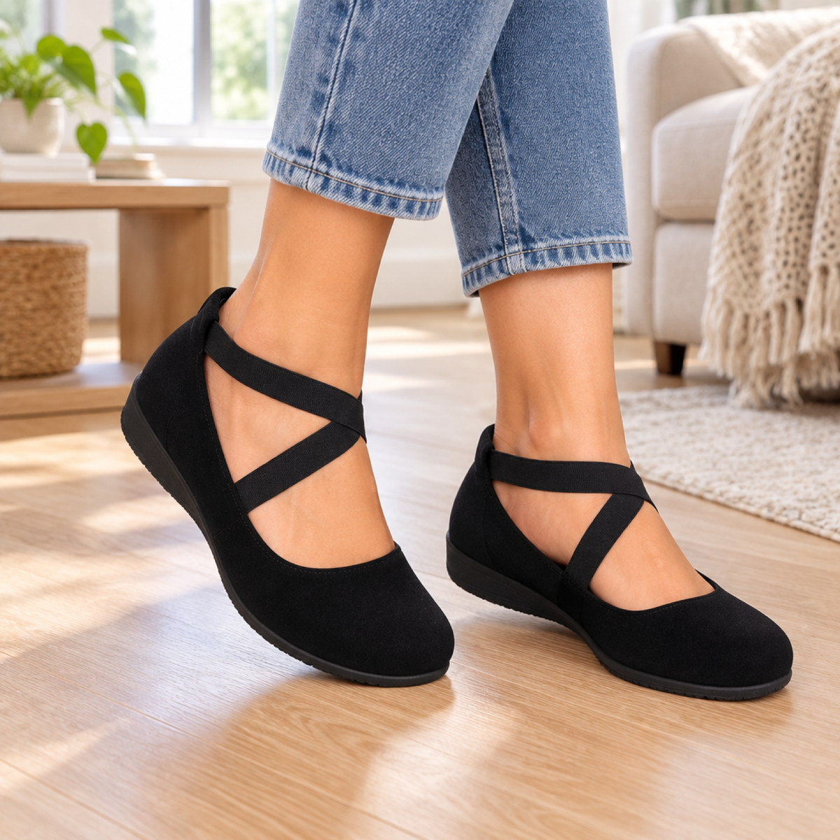 Sandales orthopédiques noires portées par une femme, intérieur, vue sur les pieds