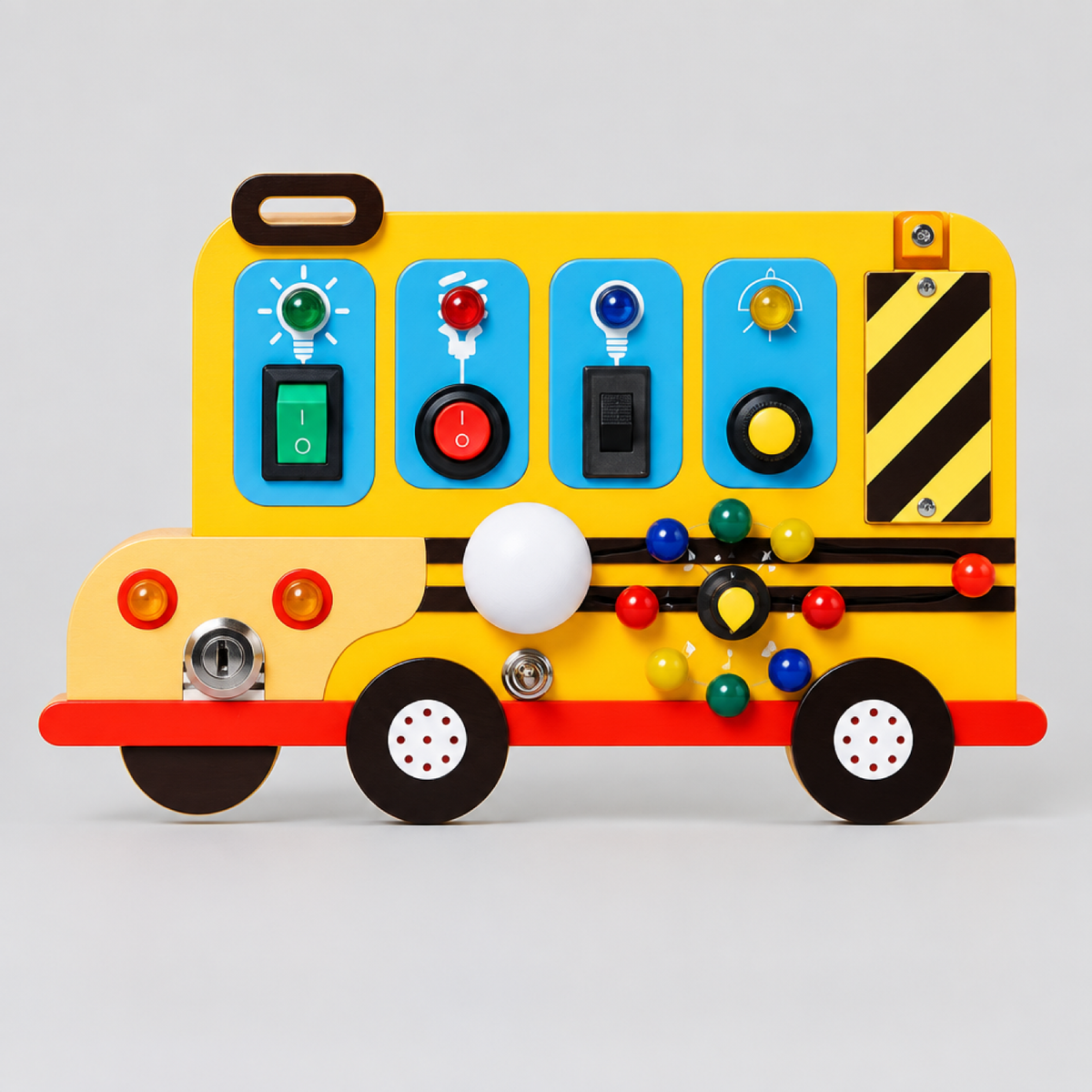 Planche d'éveil bus scolaire avec interrupteurs et cadrans lumineux, vue de face