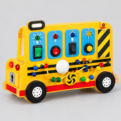 Planche d'éveil bus scolaire sensorielle, vue en angle