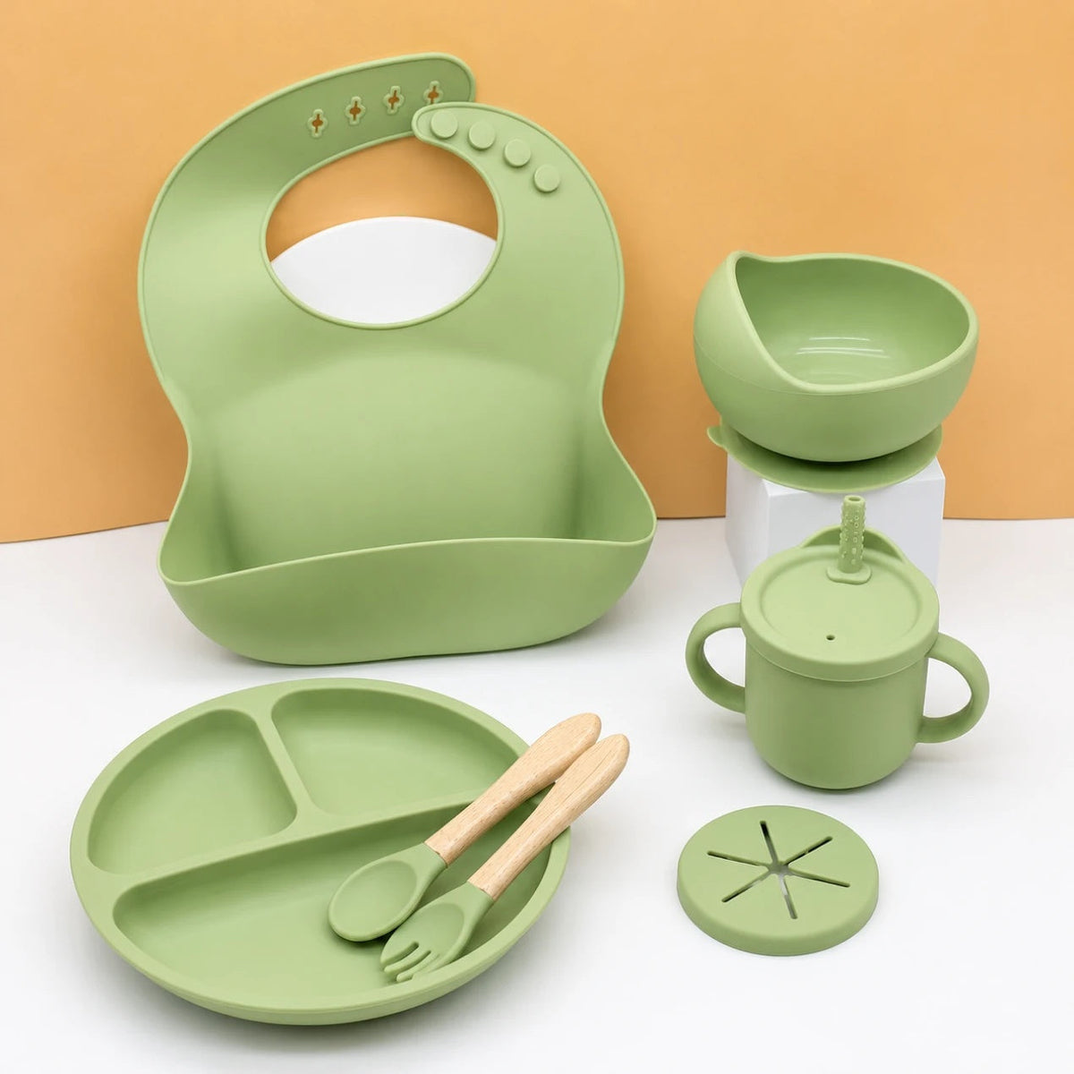 Set de repas bébé en silicone 7 pièces - coloris Vert