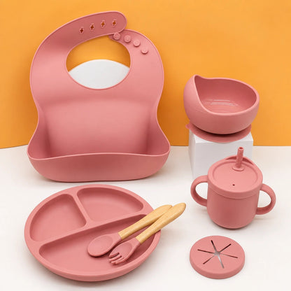 Set de repas bébé en silicone 7 pièces - coloris Rose Foncé