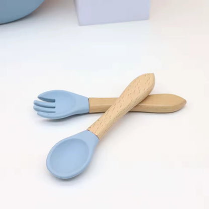 Cuillère et fourchette en silicone à manche en bois pour bébé