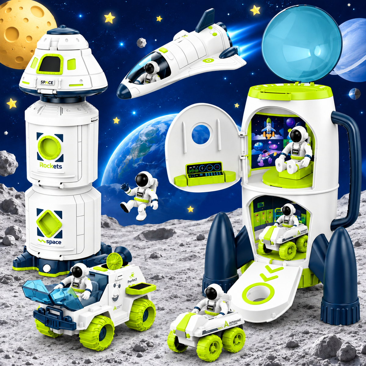 Coffret Mission Spatiale avec fusée, navette, station et astronautes sur fond d'espace étoilé