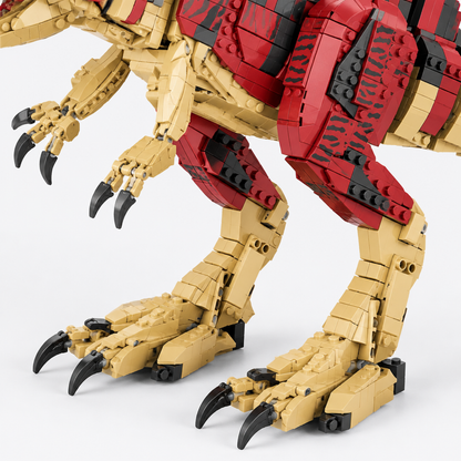 Gros plan sur les pattes articulées et les griffes du Spinosaure en briques de construction
