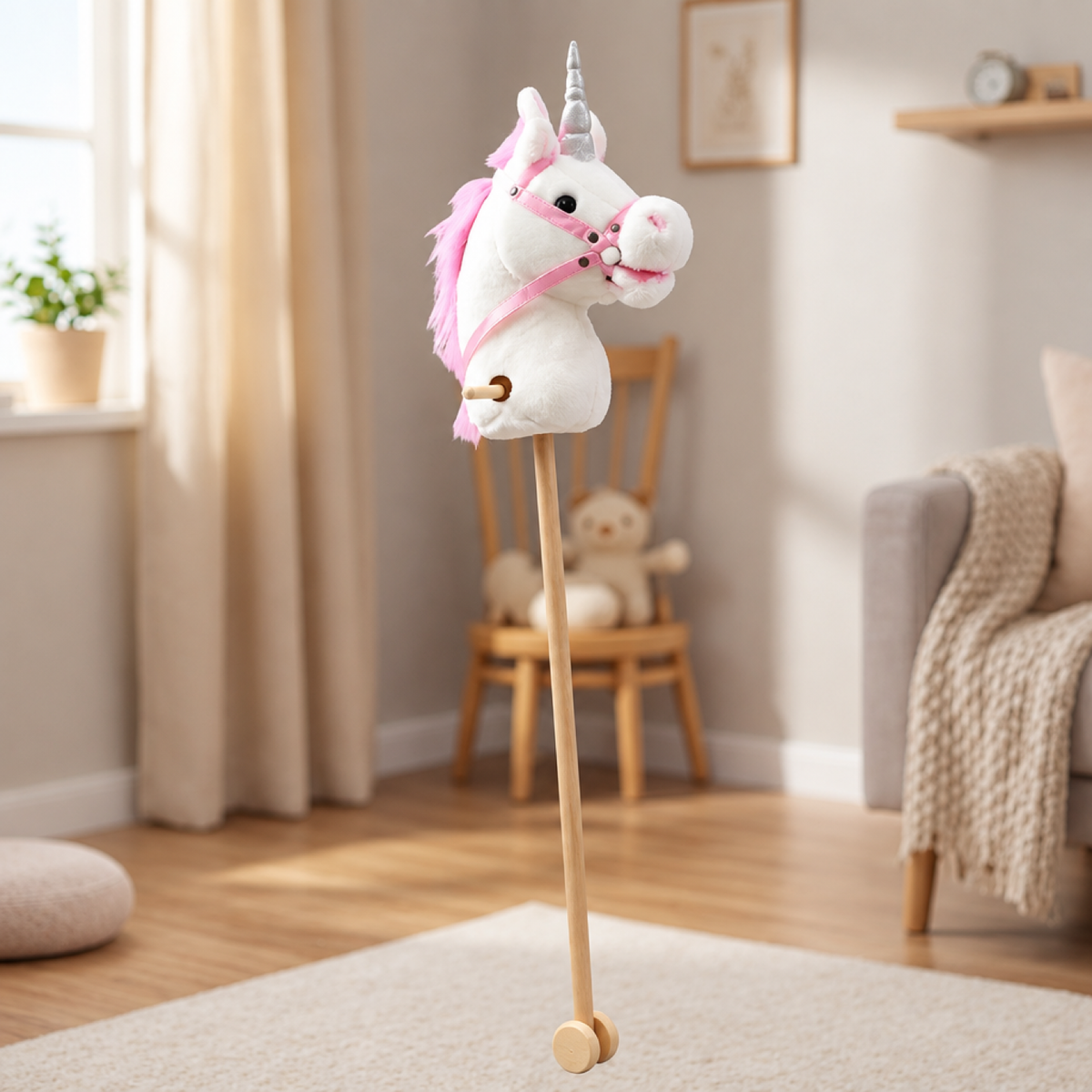 Cheval à bâton en peluche blanc avec crinière et corne de licorne rose sur roulettes en bois