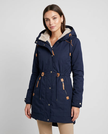 Parka femme à capuchon, coloris bleu, vue studio