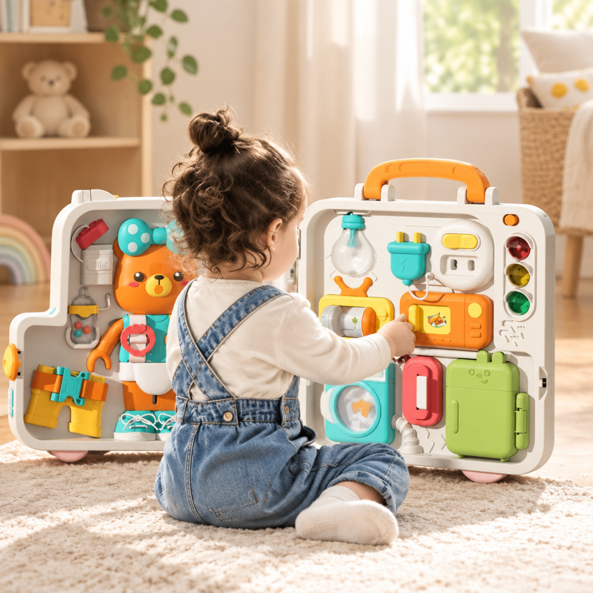 Enfant jouant avec le busy board valise Montessori 63-en-1