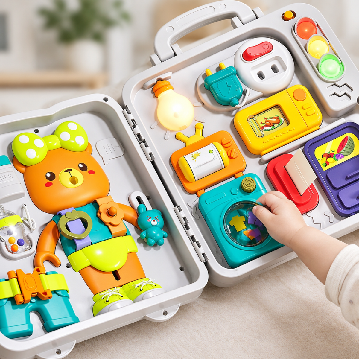 Gros plan sur le personnage à habiller et les appareils simulés du busy board