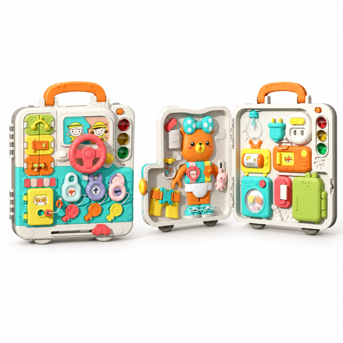 Busy board valise 63-en-1 présenté fermé et ouvert, façade et panneaux intérieurs