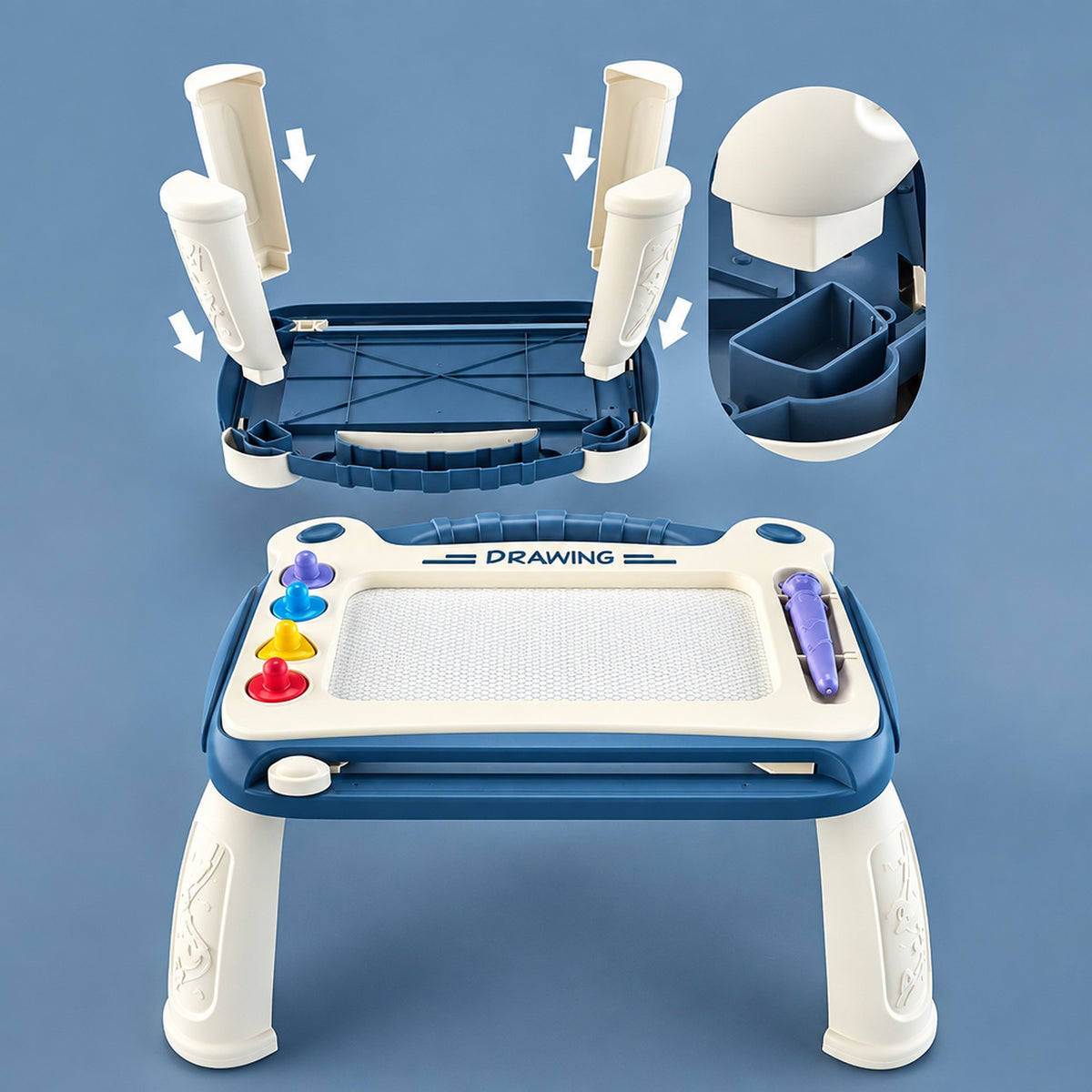 Tableau magnétique à dessin enfant bleu avec stylet et tampons colorés