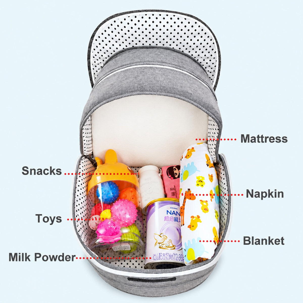 Gros plan sur la fine moustiquaire zippée du lit de voyage bébé