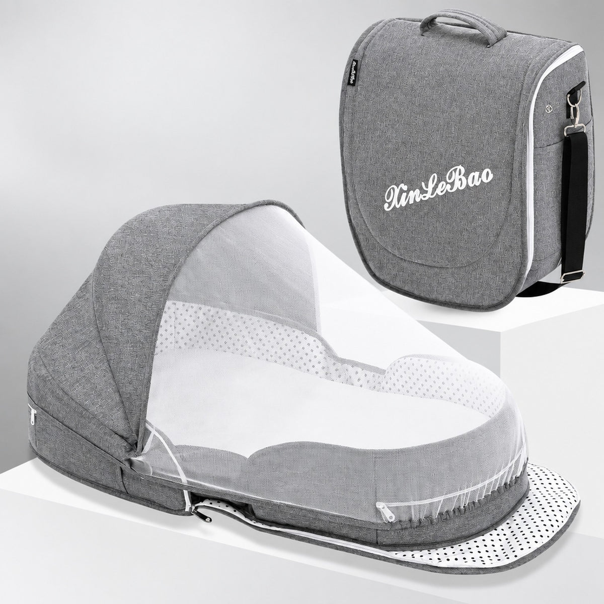 Lit de voyage bébé gris avec moustiquaire zippée