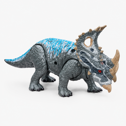 Figurine articulée de Tricératops réaliste, corps gris et bleu texturé avec trois cornes faciales et collerette osseuse